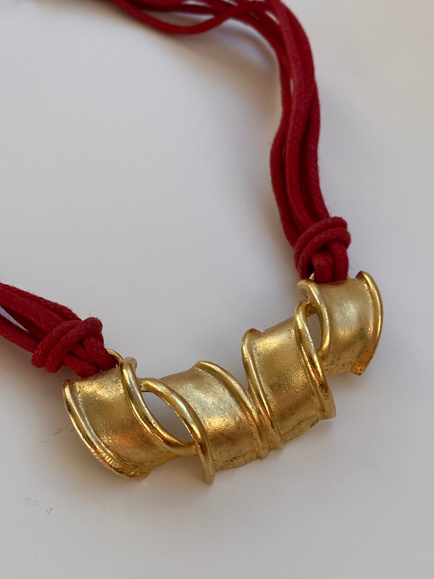 Vintage 1980s Style Red Multi-Cord Gold Tone Sculptural Necklace