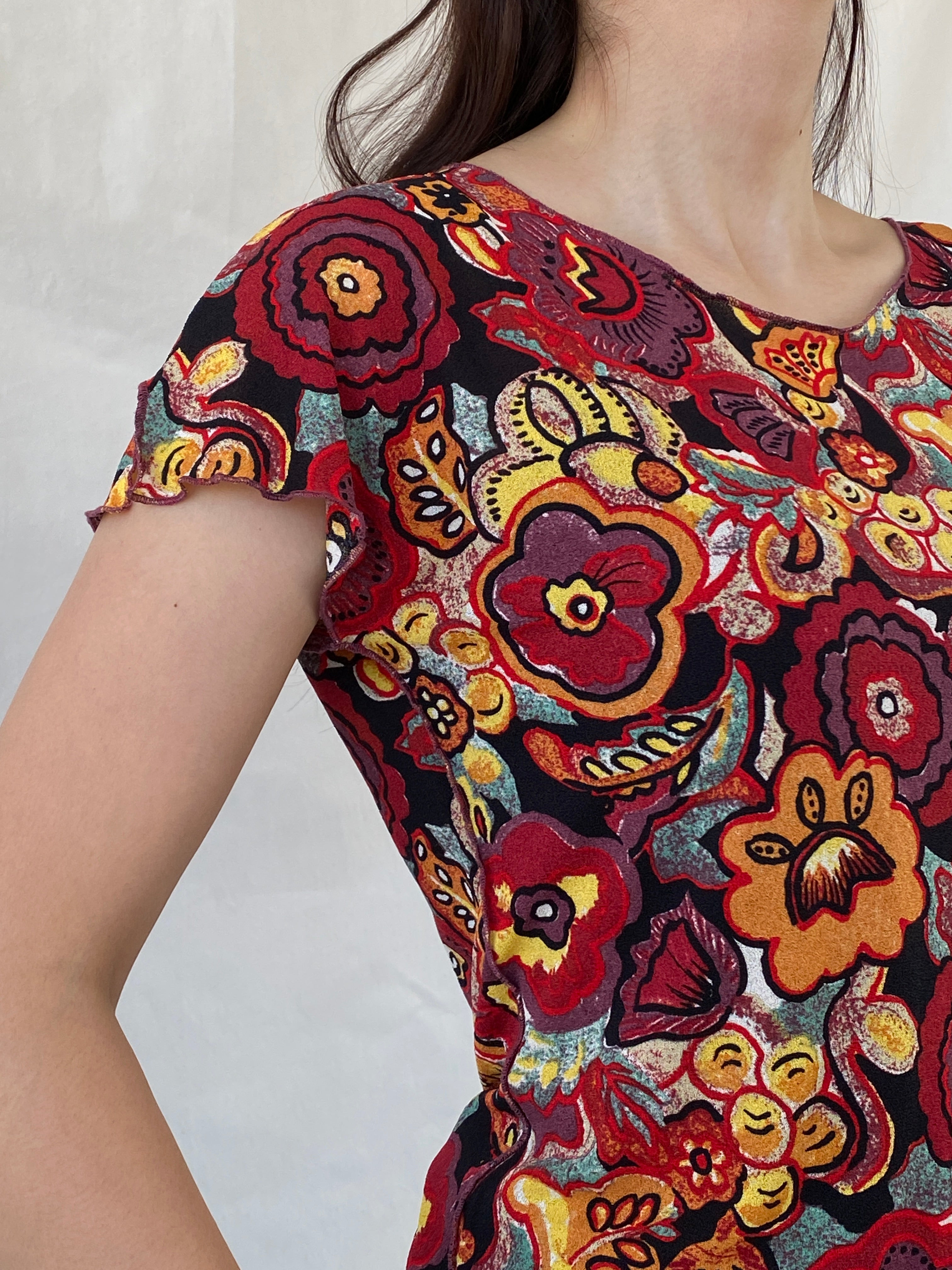 Vintage EMMA PERNELLE Groovy Floral Multicolor Mesh Top - XL