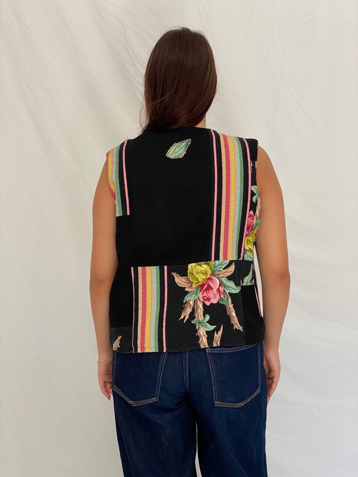 Vintage Black Patchwork Floral Vest Asymmetric Button Boho Waistcoat – L