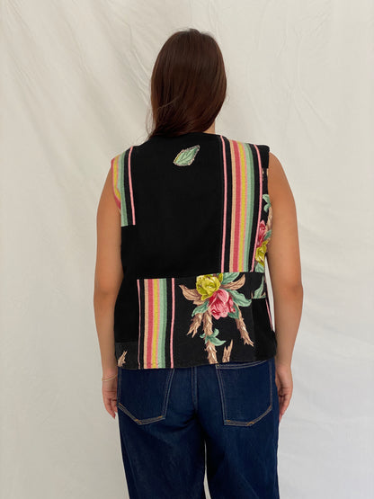Vintage Black Patchwork Floral Vest Asymmetric Button Boho Waistcoat – L