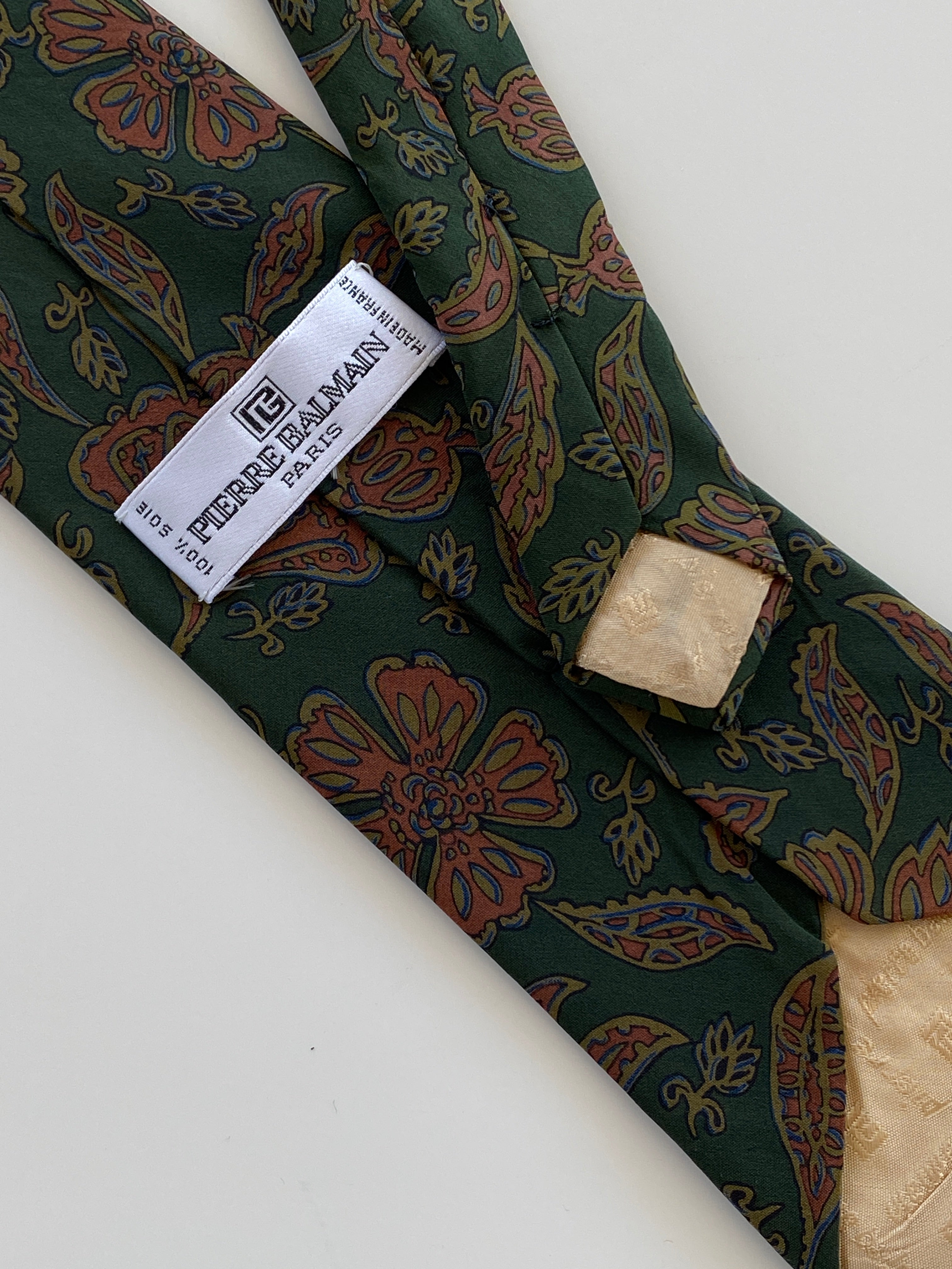 Vintage 80s Pierre Balmain Paris Men’s Green Paisley Silk Neck Tie