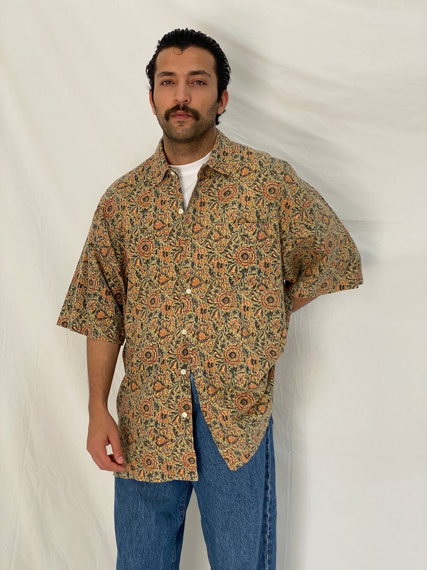 Vintage 90s Britches Floral Linen Cotton Blend Shirt Beige Botanical Button Up – XL