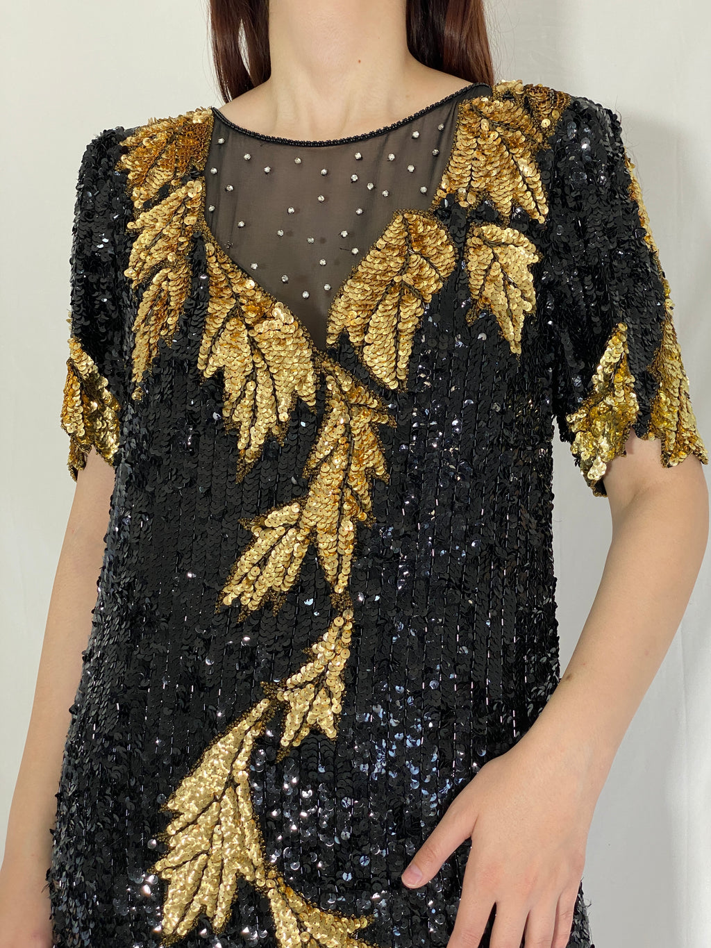 Vintage 80s/90s Sho Max Originals Black Silk Sequin Gold Leaf Beading Party Dress - L