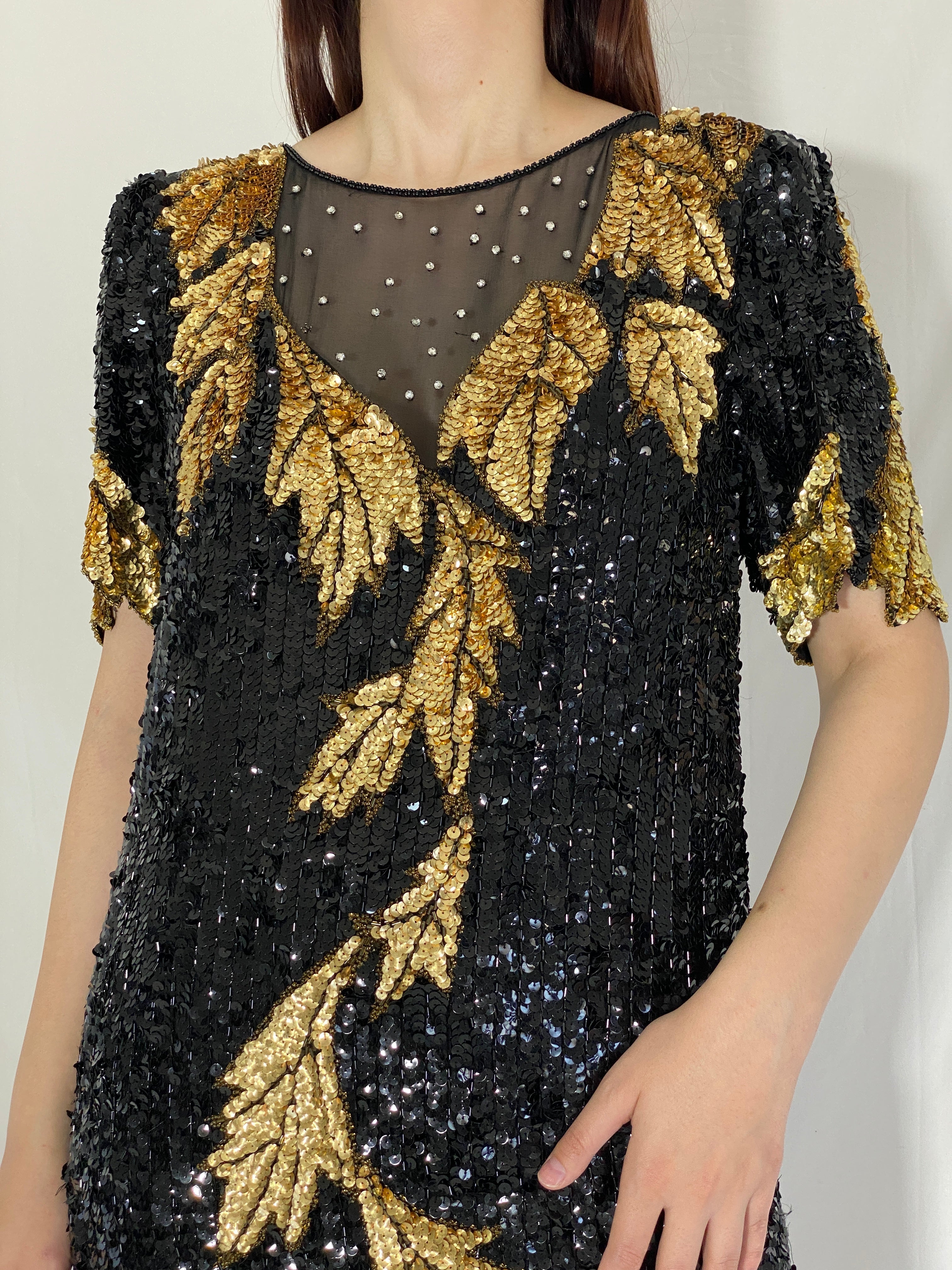 Vintage 80s/90s Sho Max Originals Black Silk Sequin Gold Leaf Beading Party Dress - L