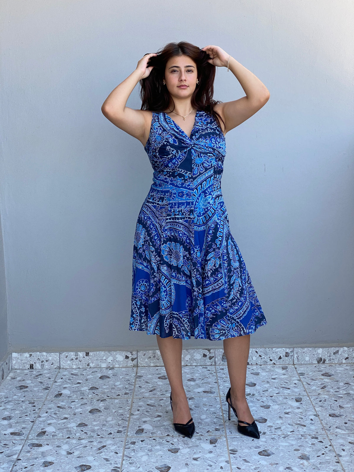 Vintage Y2K Jones New York Signature Blue Paisley Sleeveless Fit & Flare Dress - M Vintage Y2K Jones New York Signature Blue Paisley Sleeveless Fit & Flare Dress - M