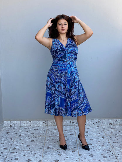 Vintage Y2K Jones New York Signature Blue Paisley Sleeveless Fit & Flare Dress - M
