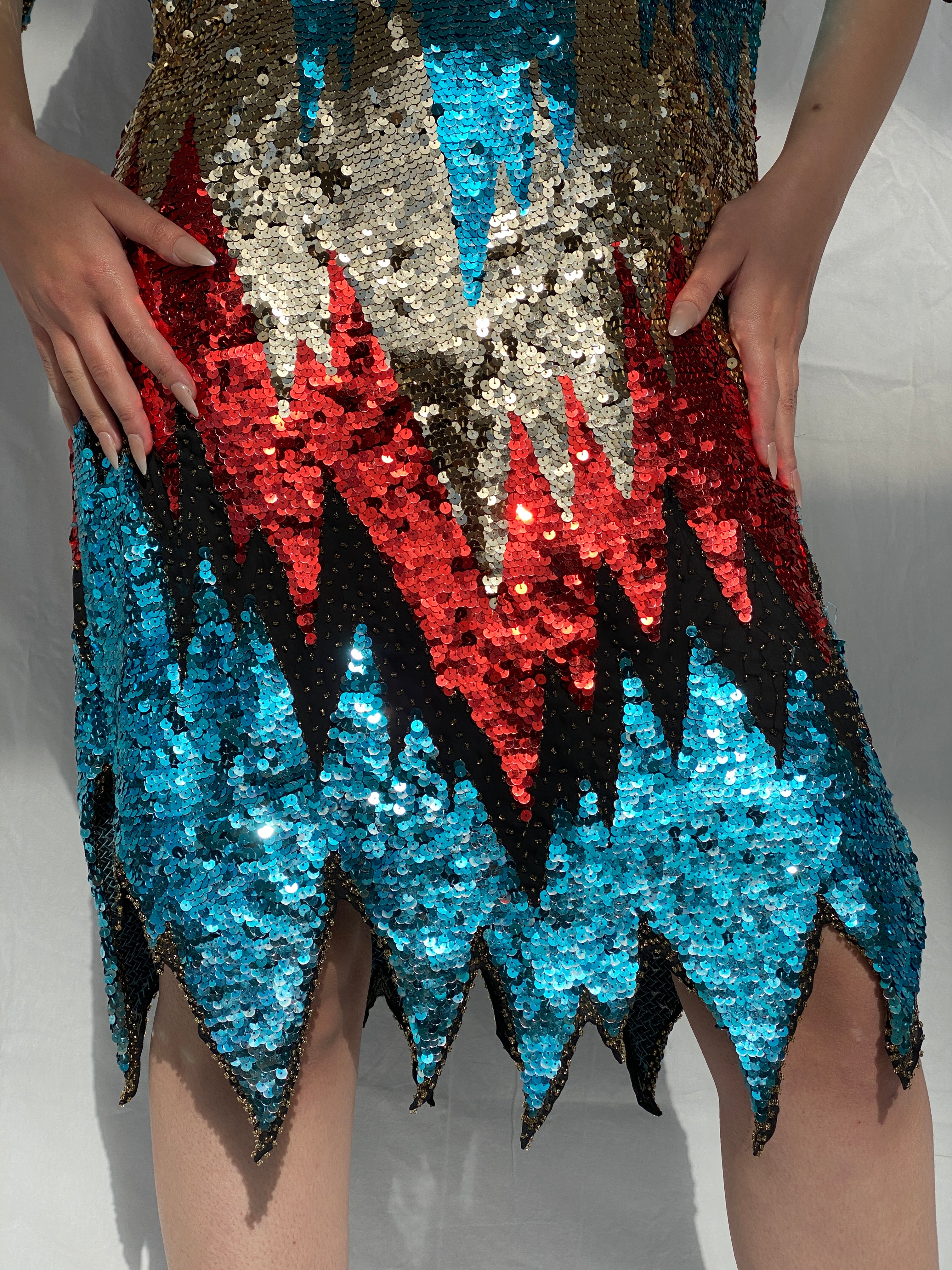 Vintage Iris Zig Zag Sequin and Sheer Midi Party Dress - L