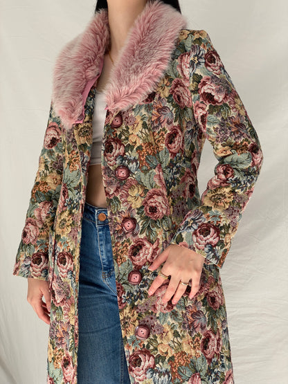 Vintage Statement Handmade Floral Tapestry Quilted Coat with Pink Faux Fur Collar - M