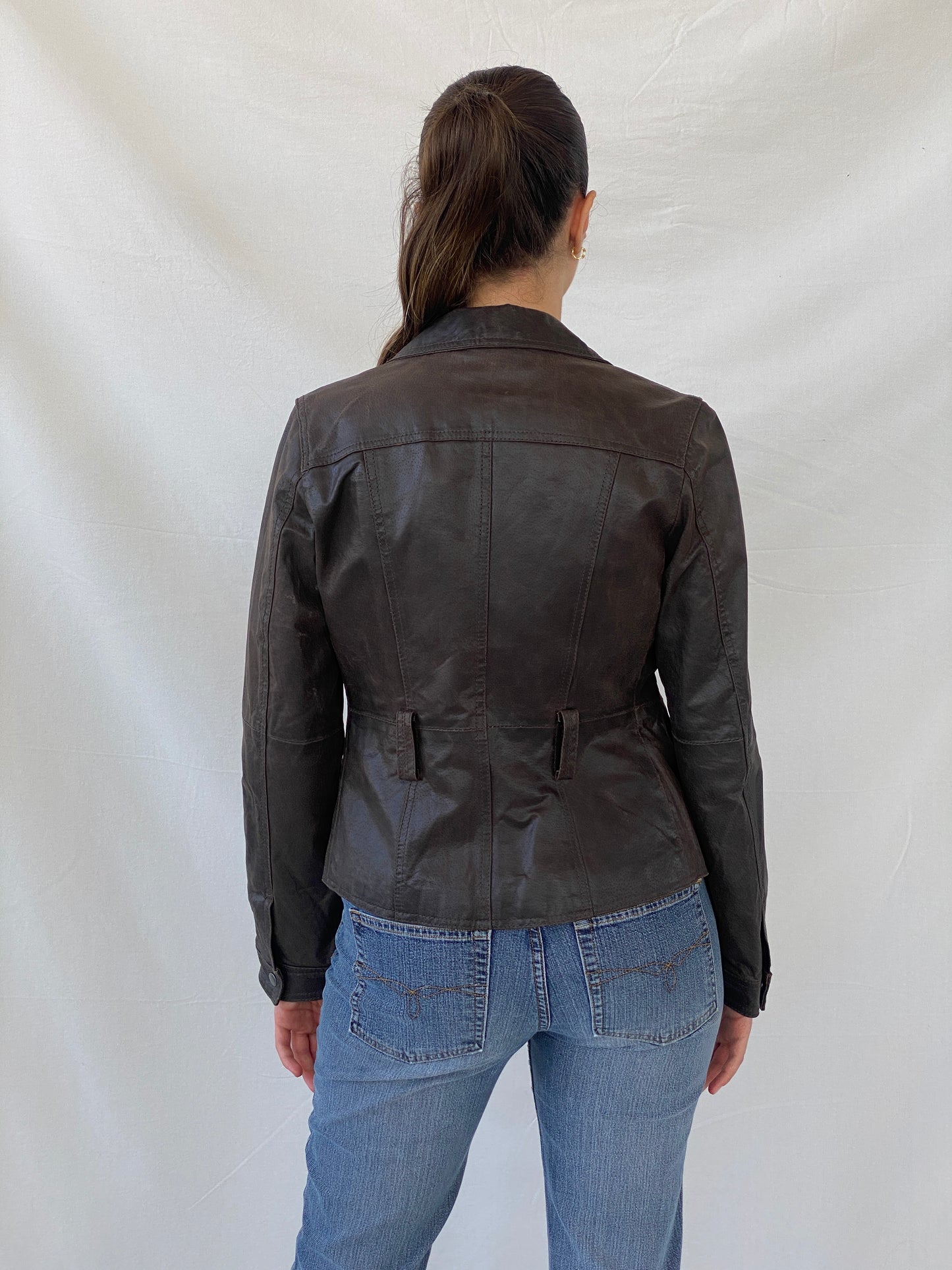 00s Clock House Brown Genuine Leather Blazer Jacket - S