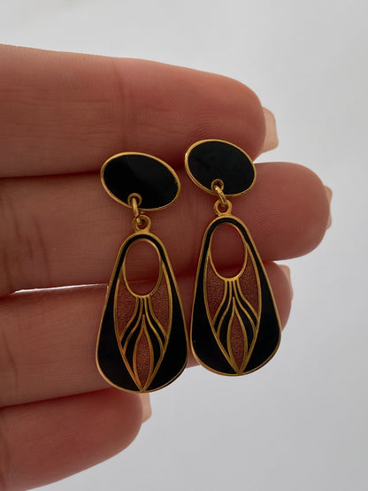 Vintage Isle of Skye Art Deco Enamel Drop Earrings - Gold Tone Celtic Design