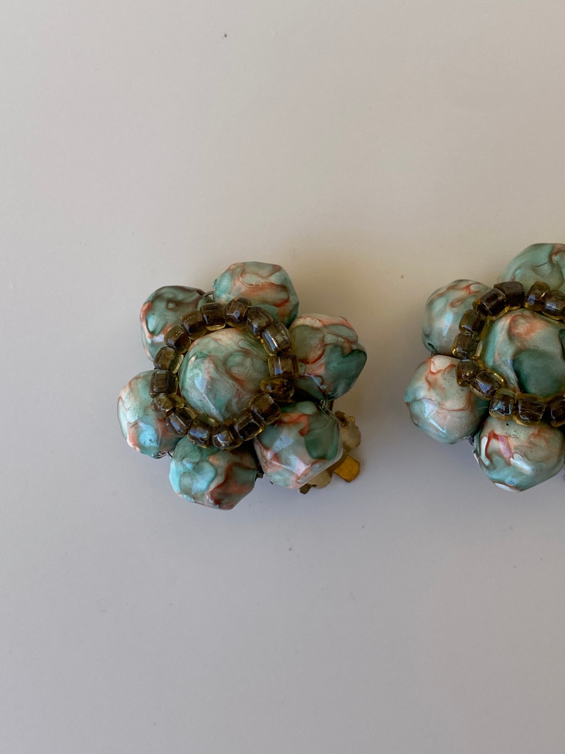 Vintage 1950s Pastel Beaded Floral Clip-On Earrings Turquoise Marble Lucite Cluster Statement Earrings Vintage 1950s Pastel Beaded Floral Clip-On Earrings Turquoise Marble Lucite Cluster Statement Earrings