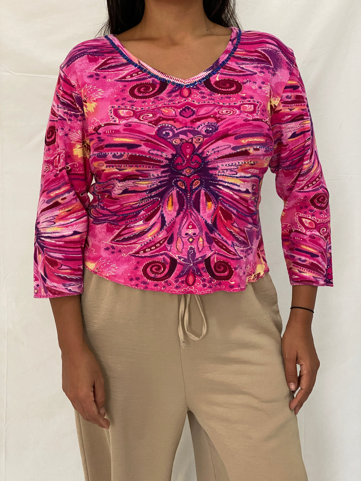 Vintage Y2K Phool Beaded Graphic Top Pink Psychedelic Butterfly Print Long Sleeve Tee - L Vintage Y2K Phool Beaded Graphic Top Pink Psychedelic Butterfly Print Long Sleeve Tee - L