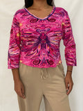 Vintage Y2K Phool Beaded Graphic Top Pink Psychedelic Butterfly Print Long Sleeve Tee - L