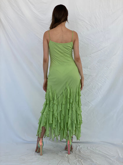 Beautiful Vintage Cici B Silk Lime Beaded Ruffle Bottom Lime Maxi Dress - M