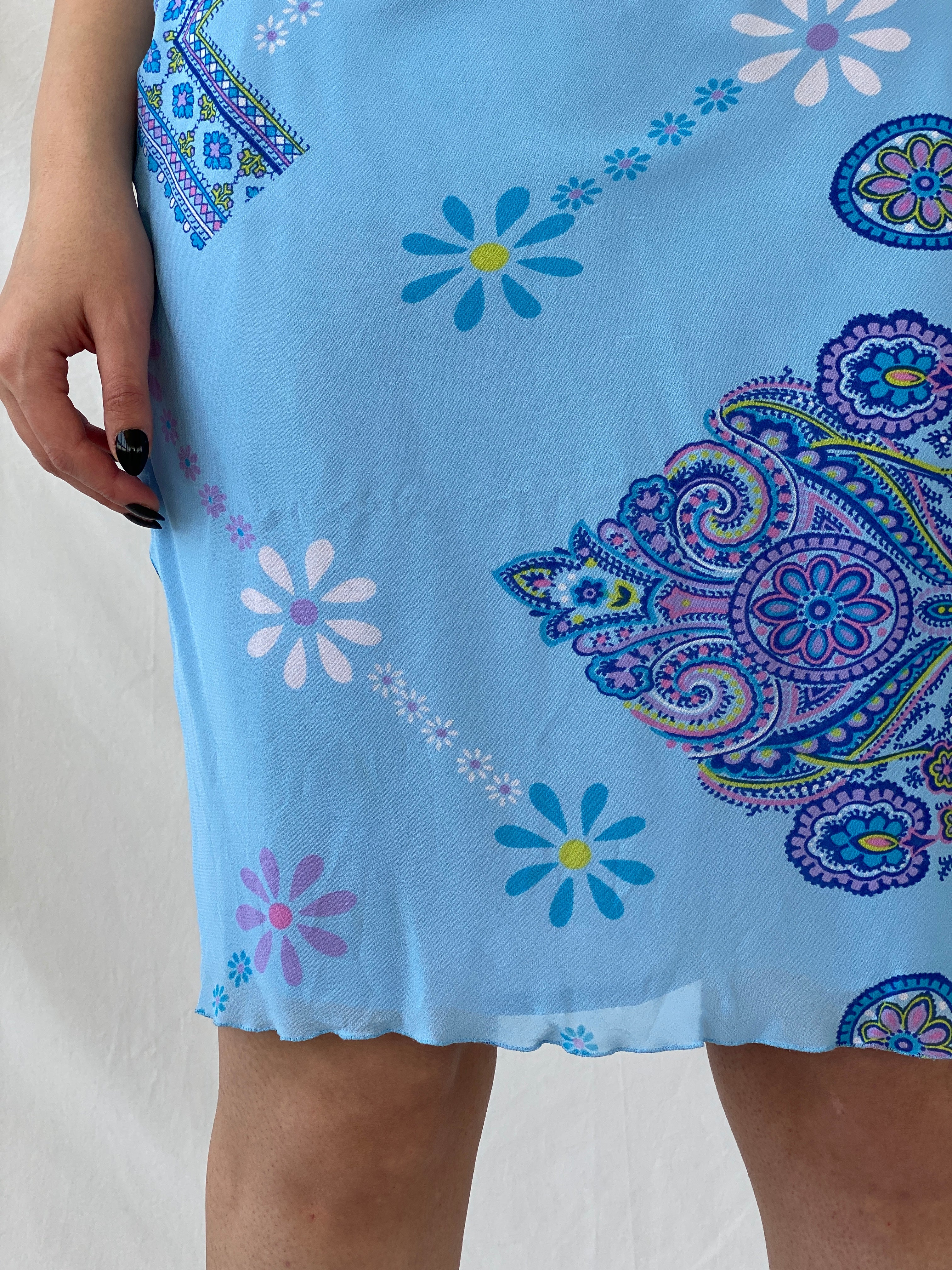 Beautiful Vintage Blue Floral Paisley Print Knee-Length Skirt - M