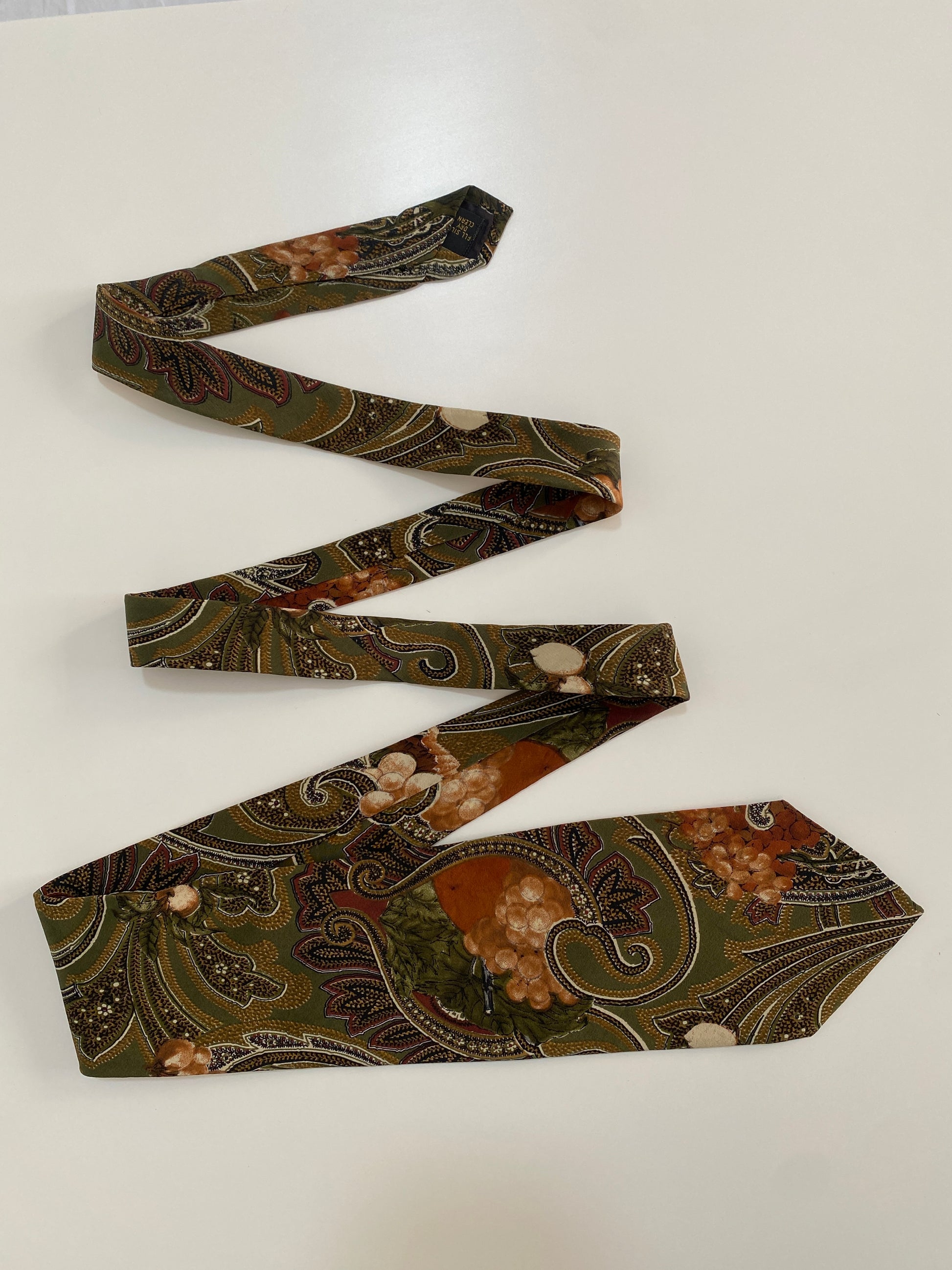 Vintage Retro Statement Woodward Silk Tie - Olive Green Paisley & Grapes Print
