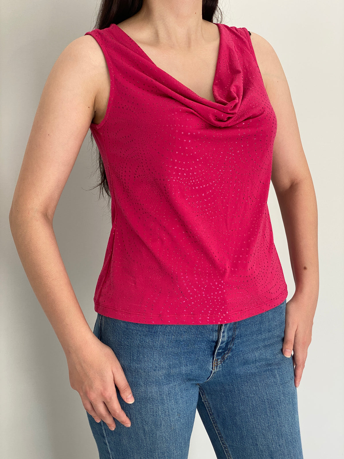Y2K Noni Hot Pink Shimmery Cowl Neck Sleeveless Top – M