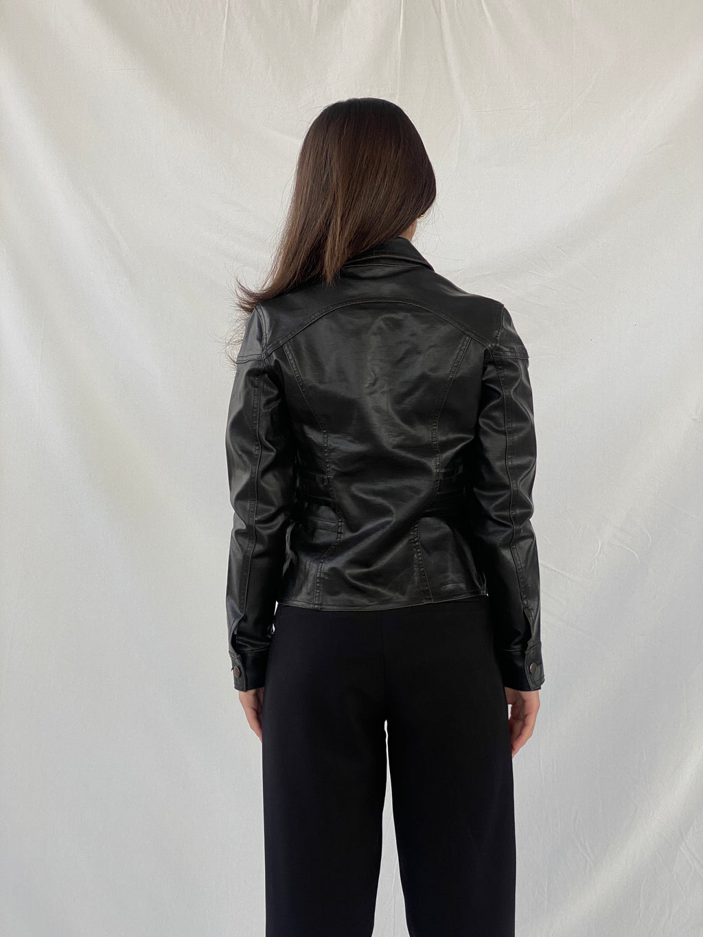 Vintage Distressed Black Structured Leather Clip Up Jacket - XS