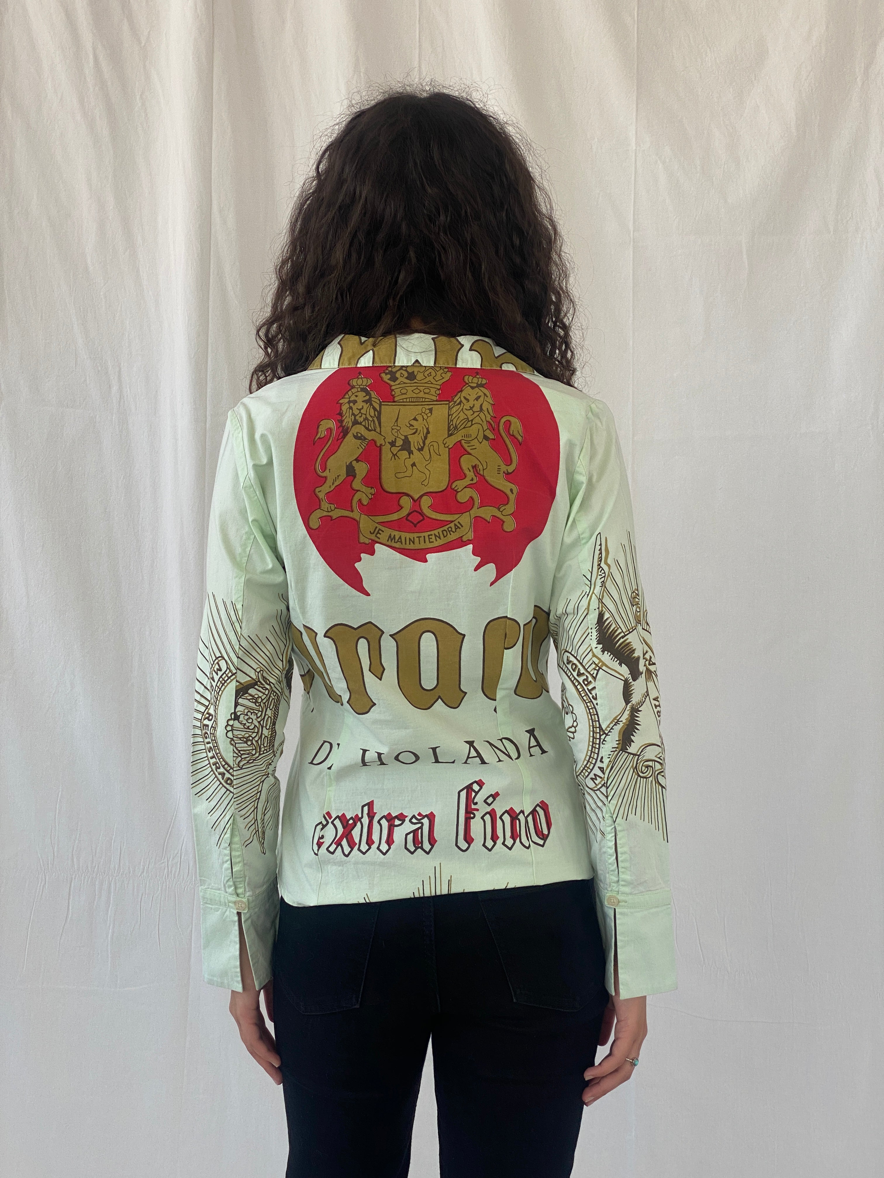 Y2K LAGA Mint Green Women’s Long Sleeve Button Up Graphic Cotton Shirt - M