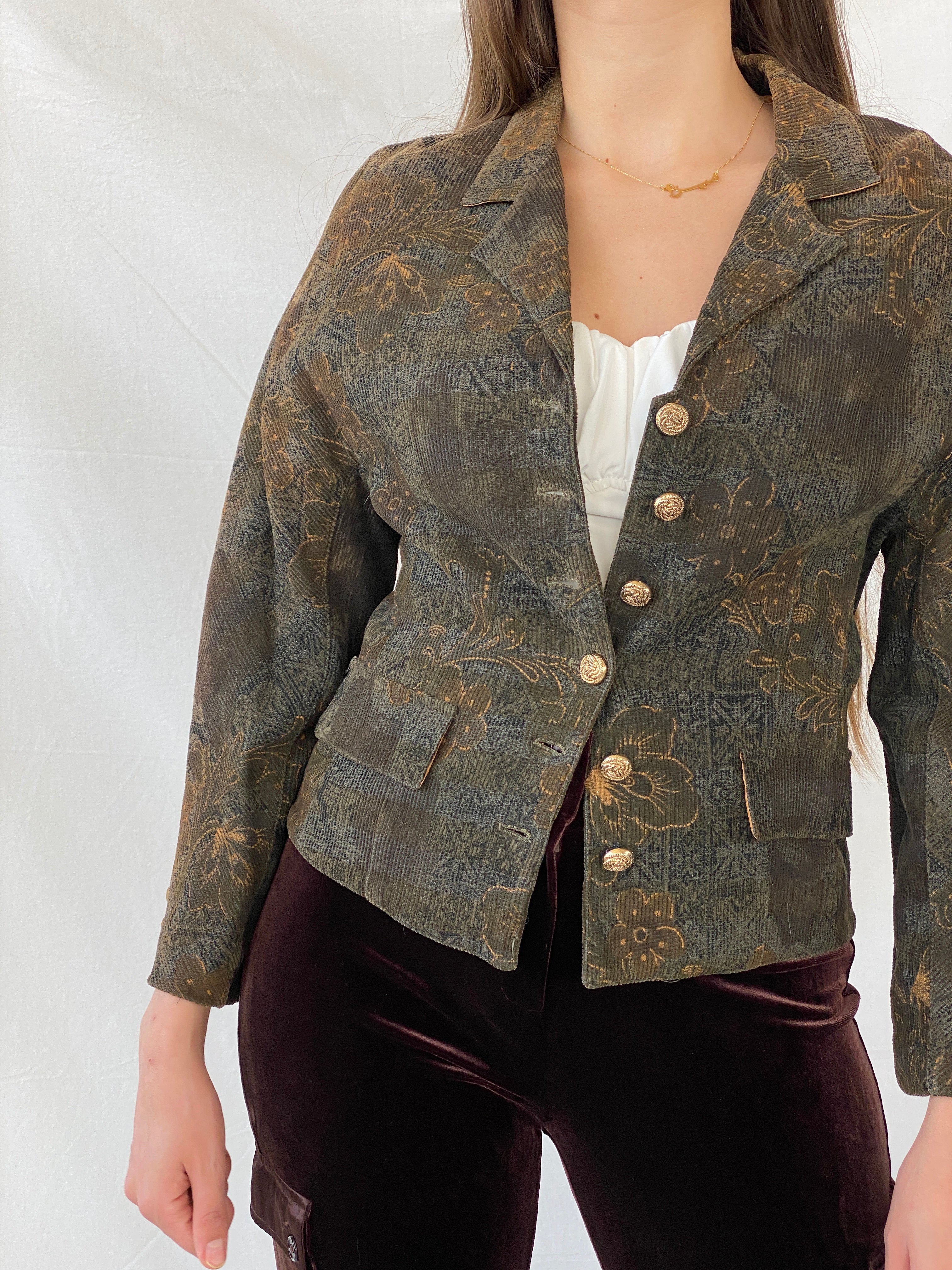 Vintage Happening Floral Olive Green Corduroy Heavy Blazer - M