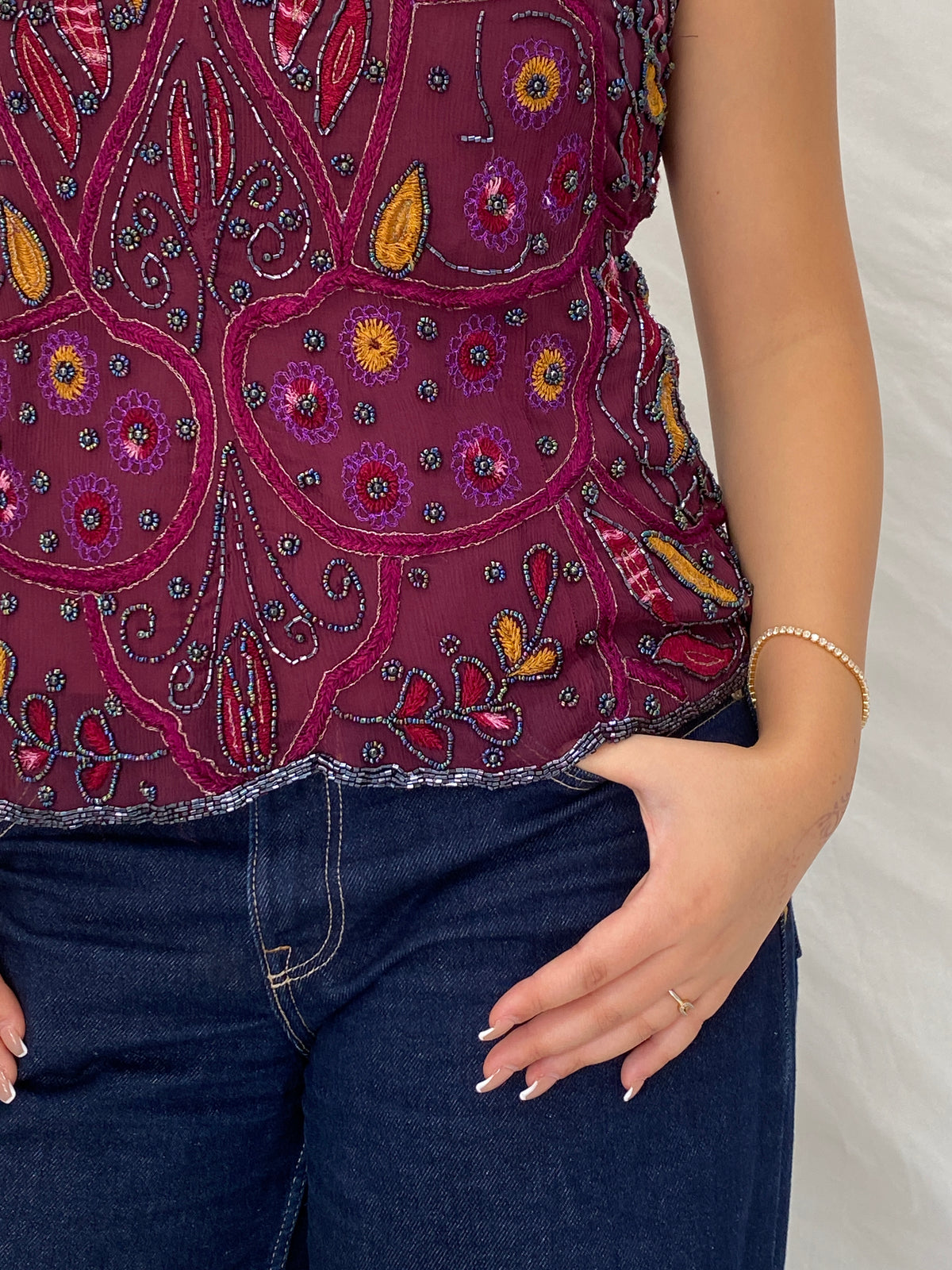 Vintage Beaded Embroidered Burgundy Handmade Evening Top - L Vintage Beaded Embroidered Burgundy Handmade Evening Top - L