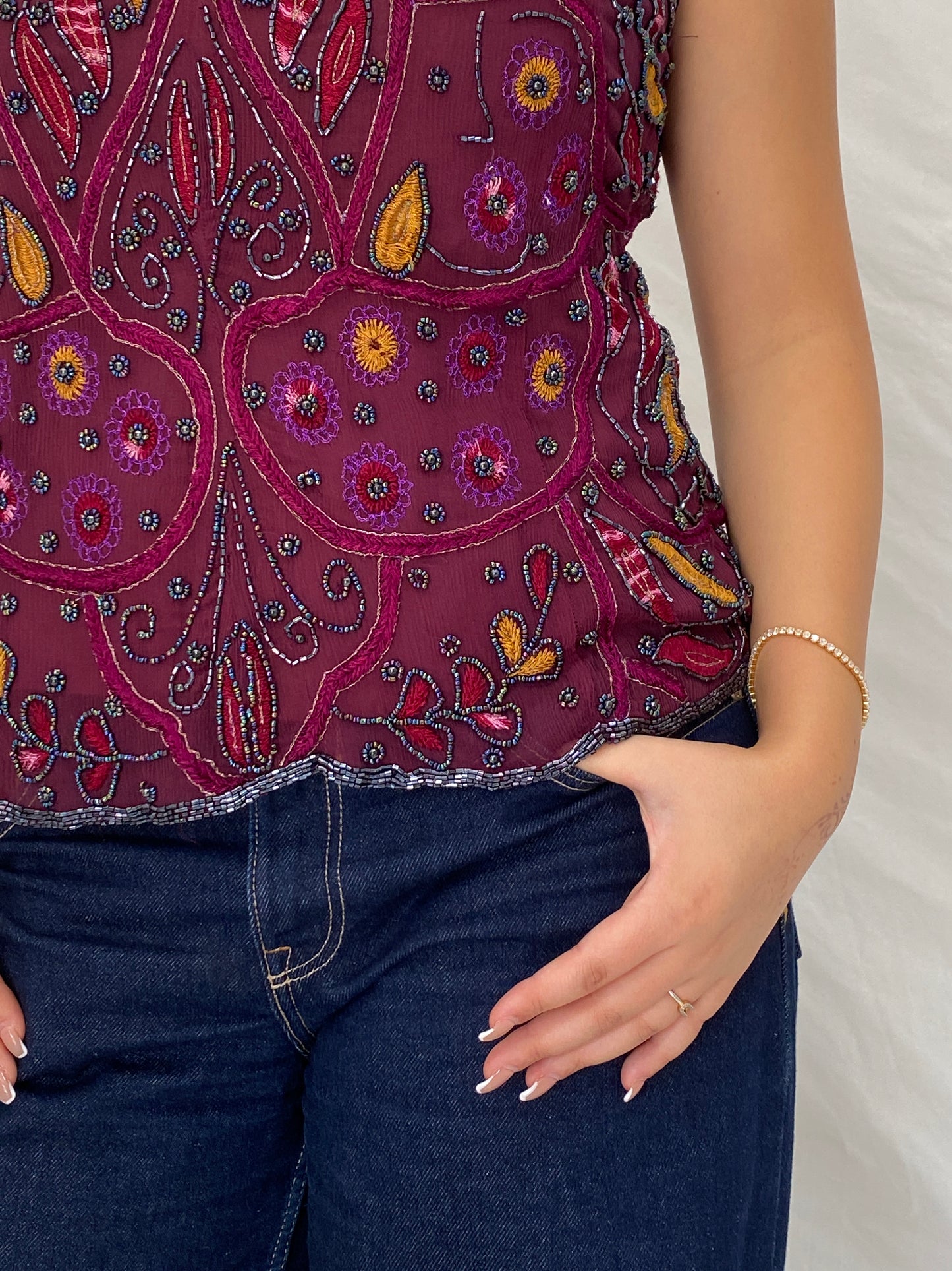 Vintage Beaded Embroidered Burgundy Handmade Evening Top - L