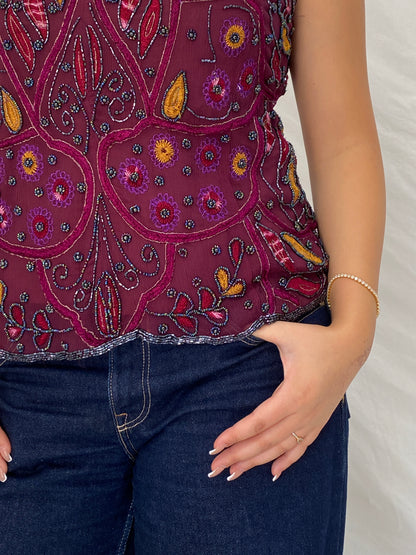 Vintage Beaded Embroidered Burgundy Handmade Evening Top - L