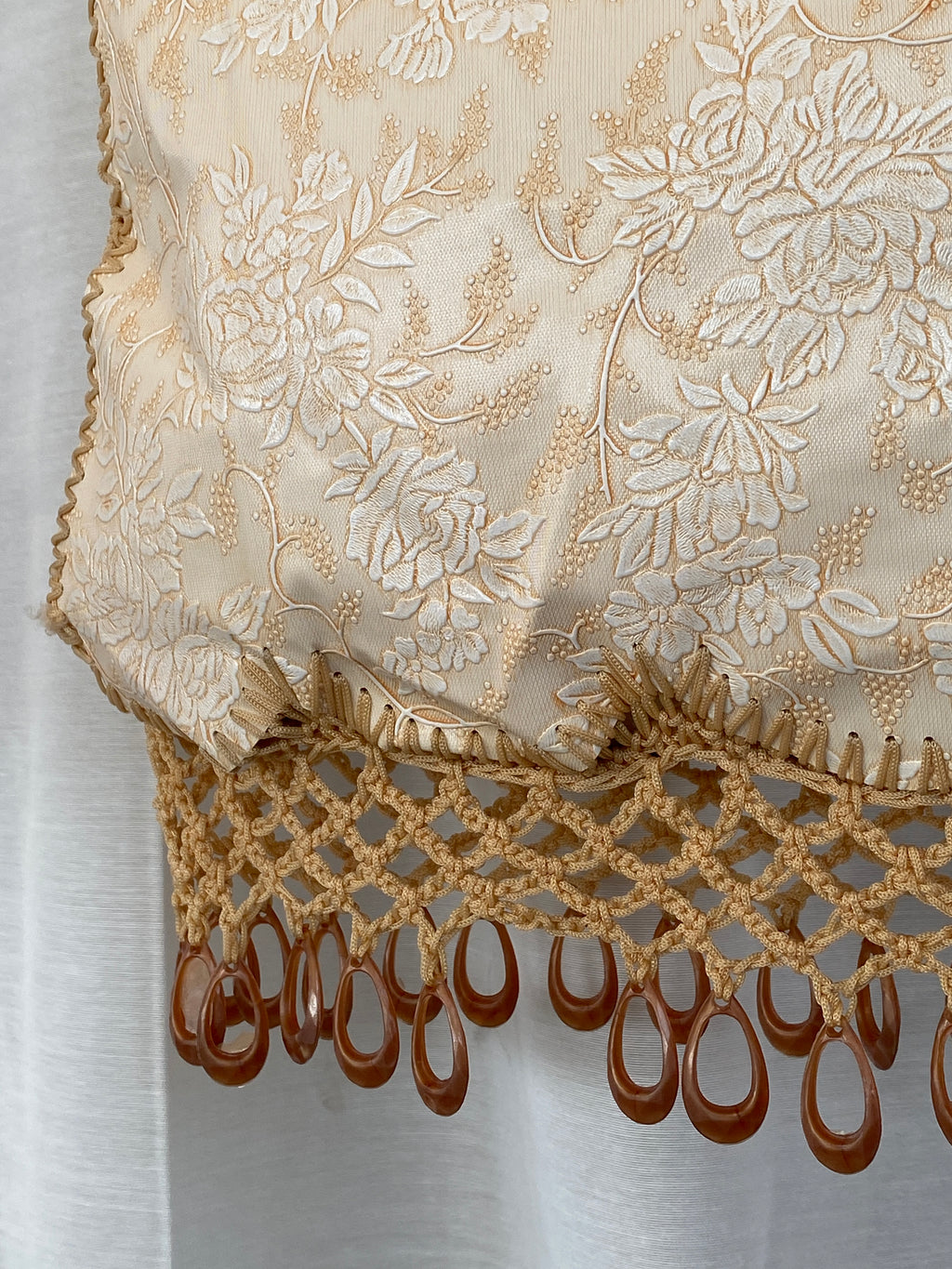 Y2K Beige Floral Embossed Canvas  Beaded Crochet Handbag