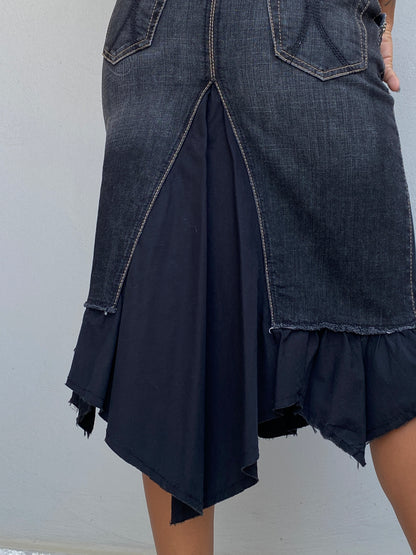 Y2K Mexx Dark Wash Denim Ruffle Midi Skirt Whimsigoth Hem – XS