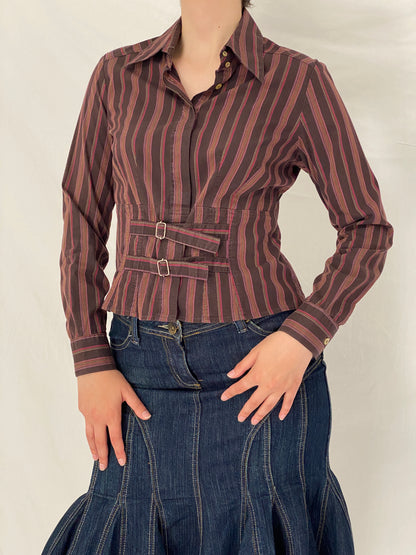 Vintage Y2K La Chemiserie dAVELINE Brown Stripe Buckle Waist Shirt - S