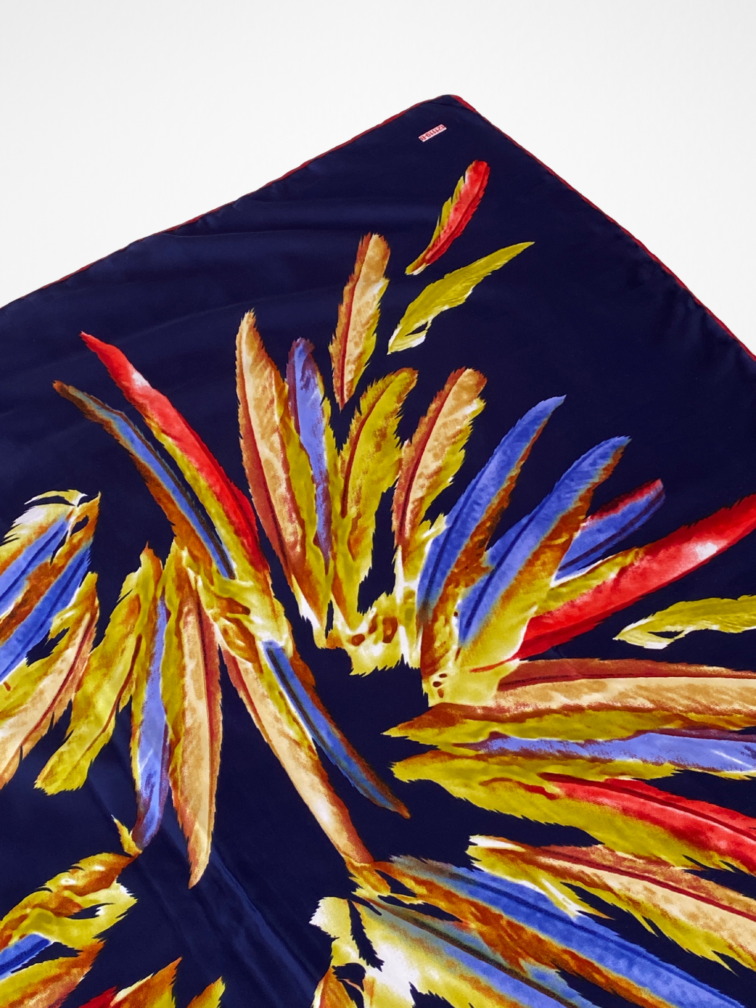 Beautiful Lora West Navy Vibrant Abstract Feather Satin Square Scarf