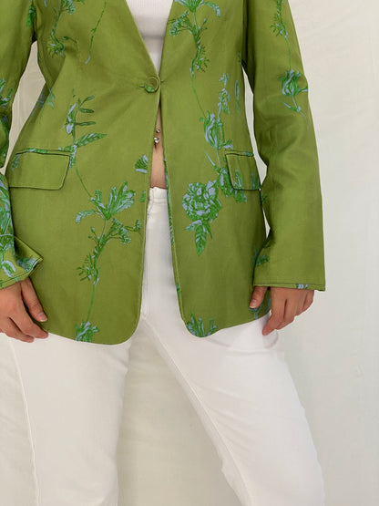 Vintage Y2K Botanical Olive Green & Blue Floral Longline Blazer - L