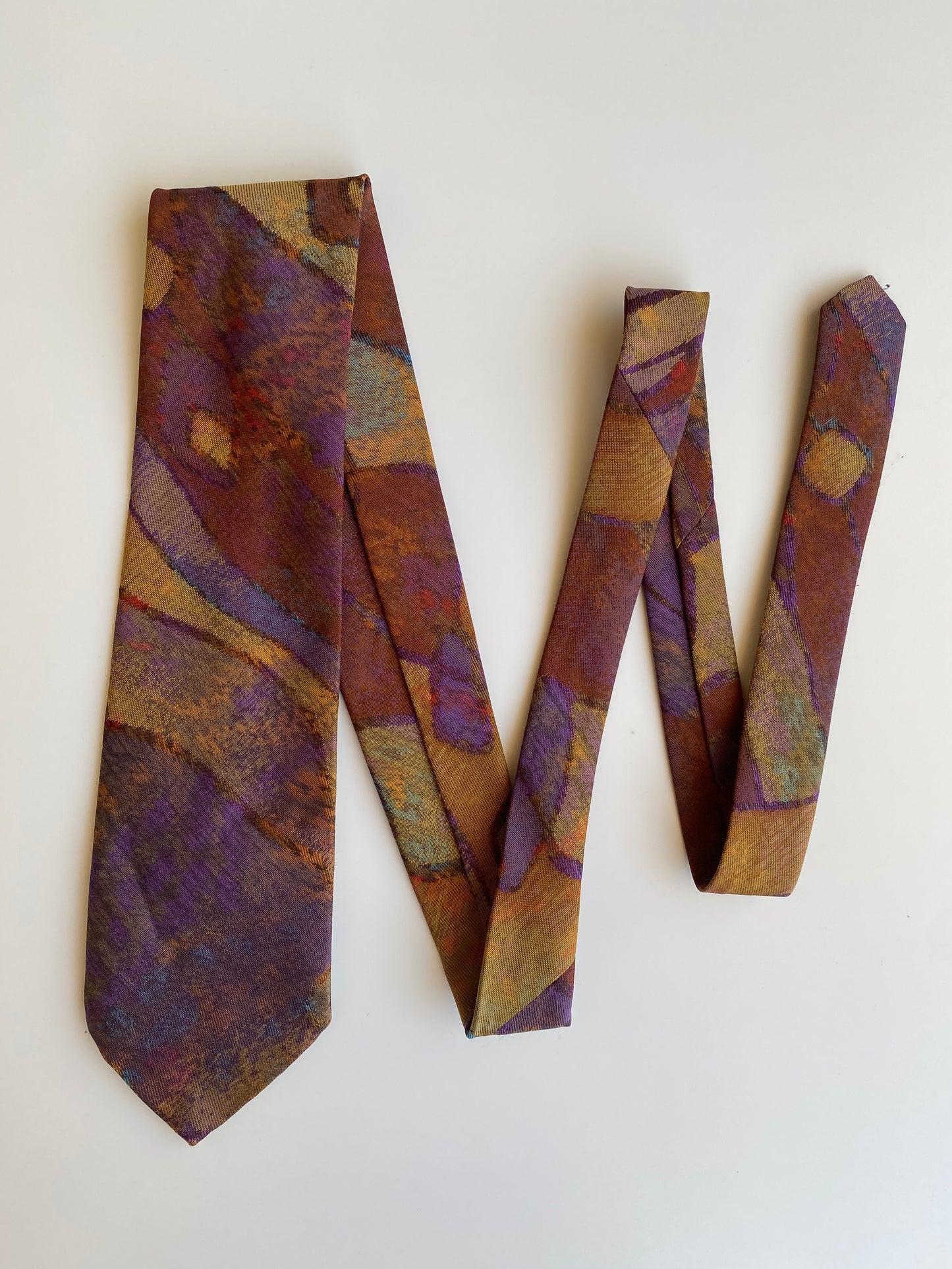 Vintage 1980s–90s Abstract Print Tie Purple & Ochre Wide Necktie