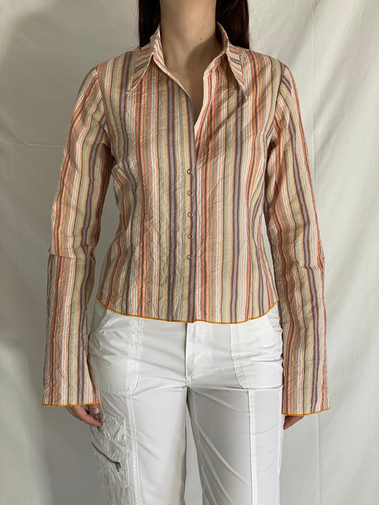Vintage Y2K Watcher Striped Button Up Shirt Multicolor Long Sleeve - L