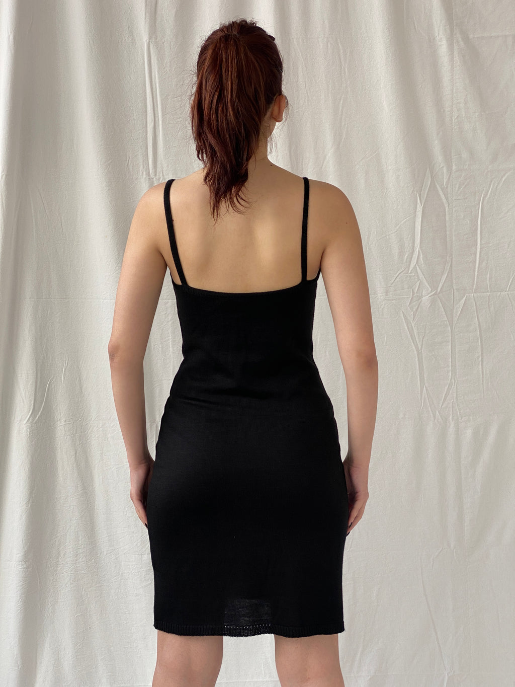 Y2K Cocobis Black Knitted Orange Sequin Spaghetti Strap Fitted Slip Midi Dress - M