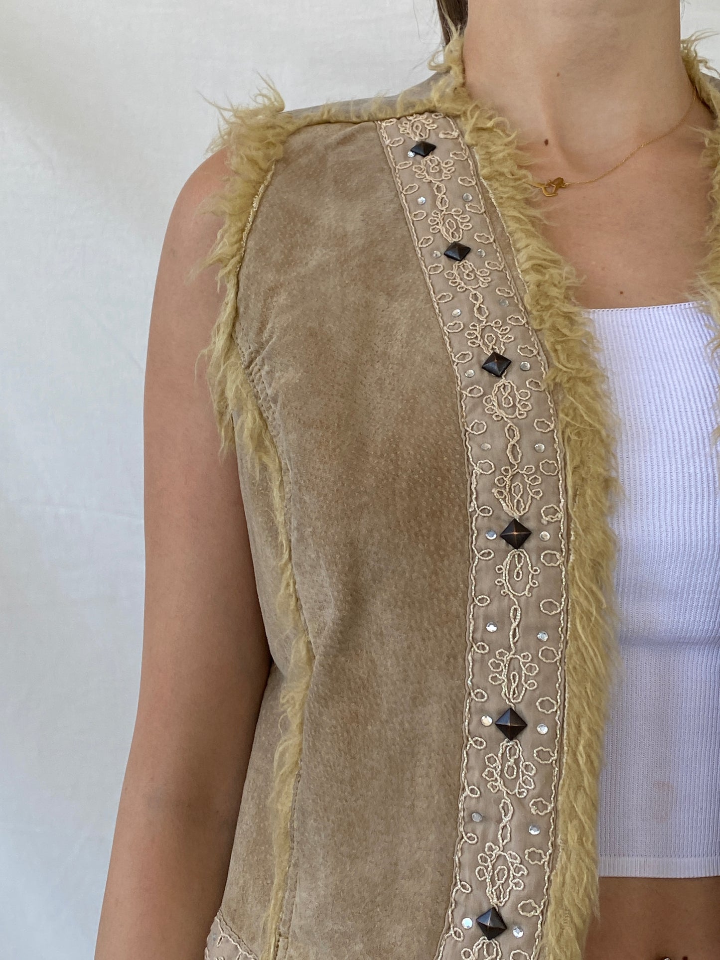 Vintage Live A little Fur Lined Suede Embellished Western Vest - L