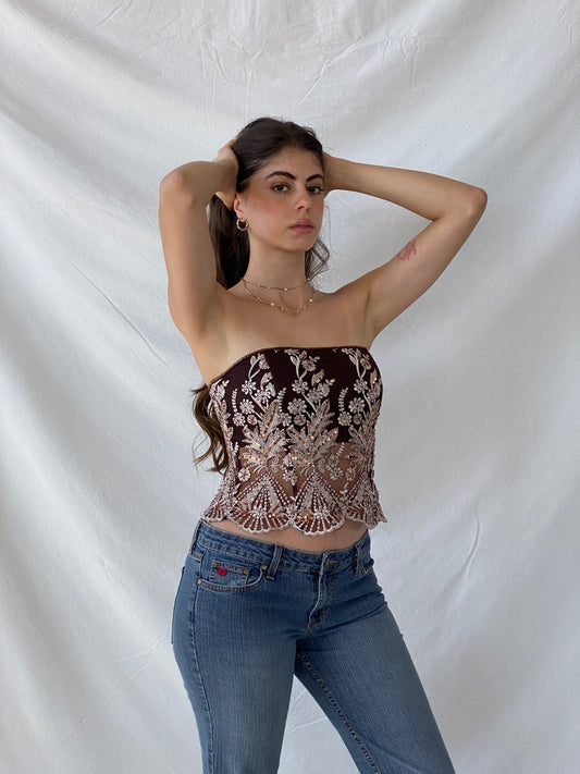 90s Aftershock Brown Sequined Embroidery Party Boned Corset - S