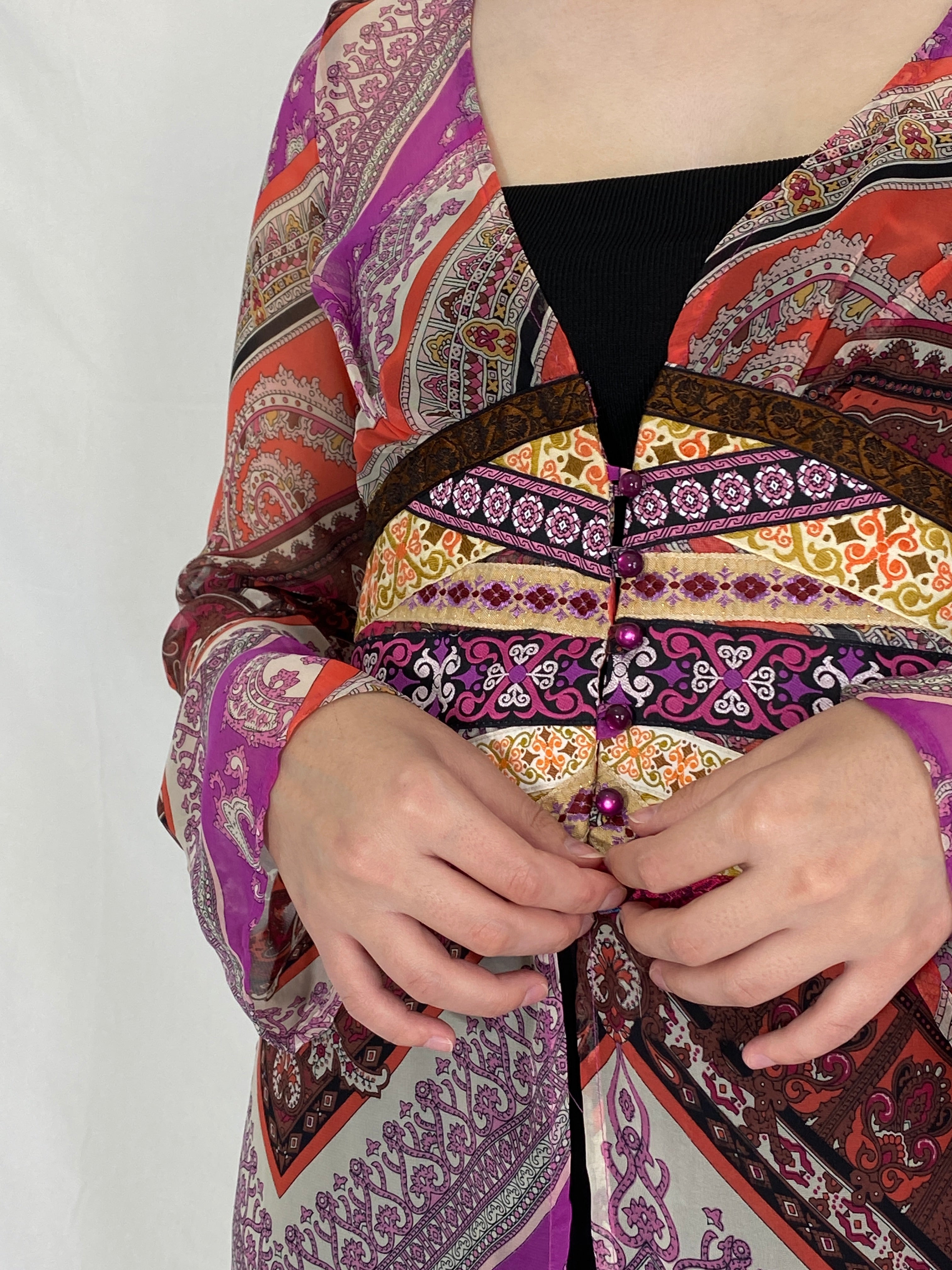 Vintage Mazzie Gold by Meghan Noland Boho Sheer Maxi Dress Top with Festival Print & Side Slits – M