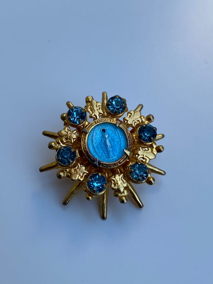 Vintage Mid-Century Gold Tone Blue Rhinestone Miraculous Medal Virgin Mary Starburst Brooch