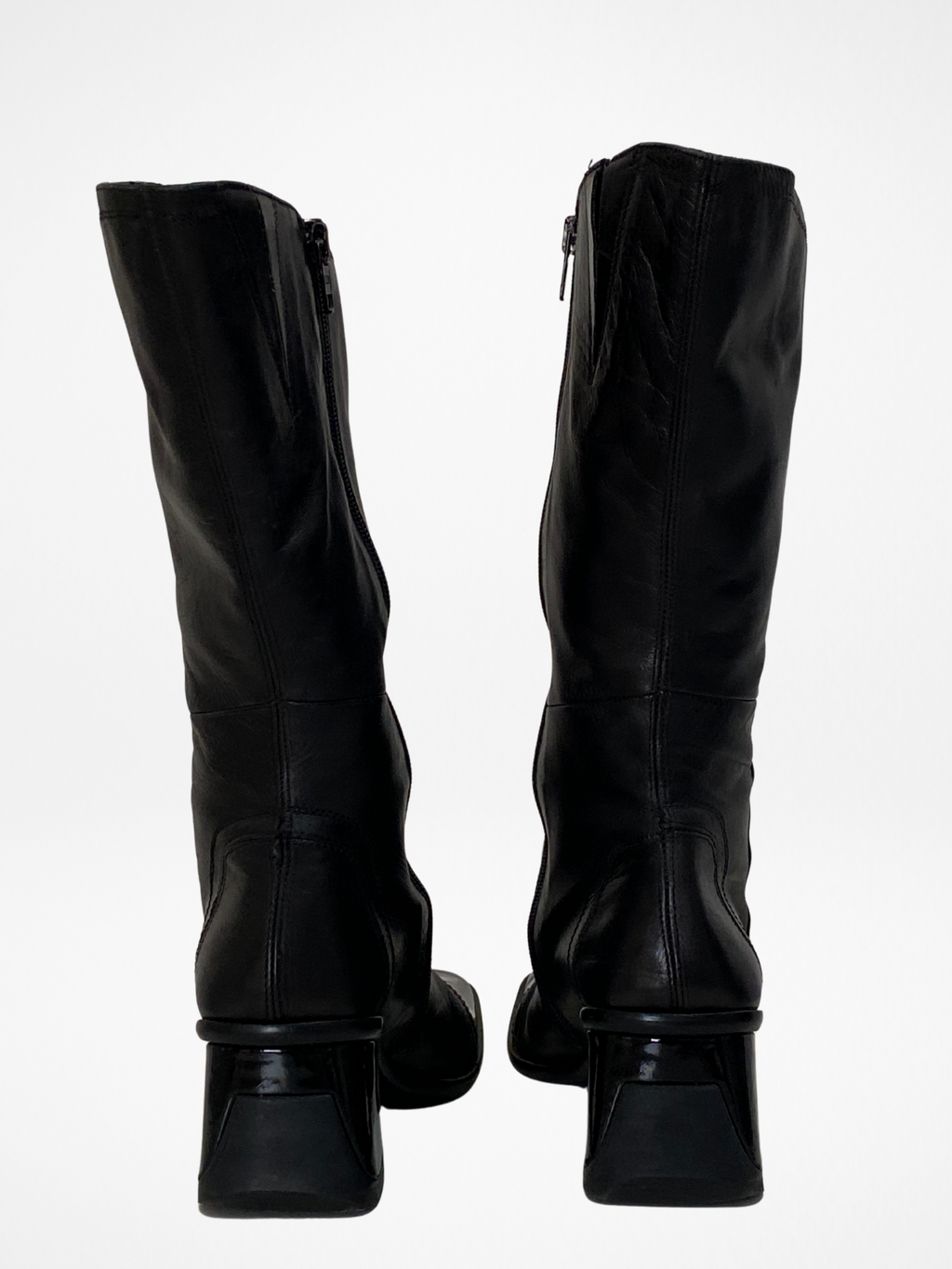 Vintage JOA Italian Black Leather Patent Block Heel & Square Toe Mid-Calf Boots - 36EU