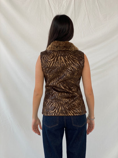 PR Powder River Outfitters Women’s Brown Zebra Fur-Collar Zip Up Fur Lined Vest - S