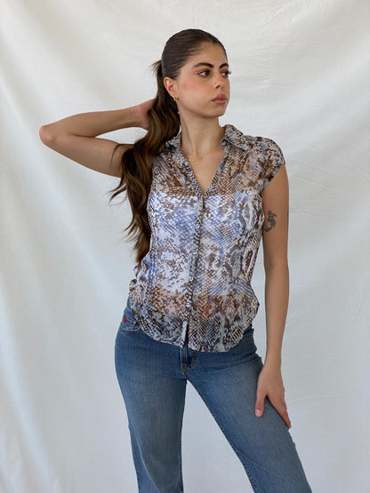 Y2K Mexx Sheer Animal Print Short Sleeve Women’s Button Up Shirt - S