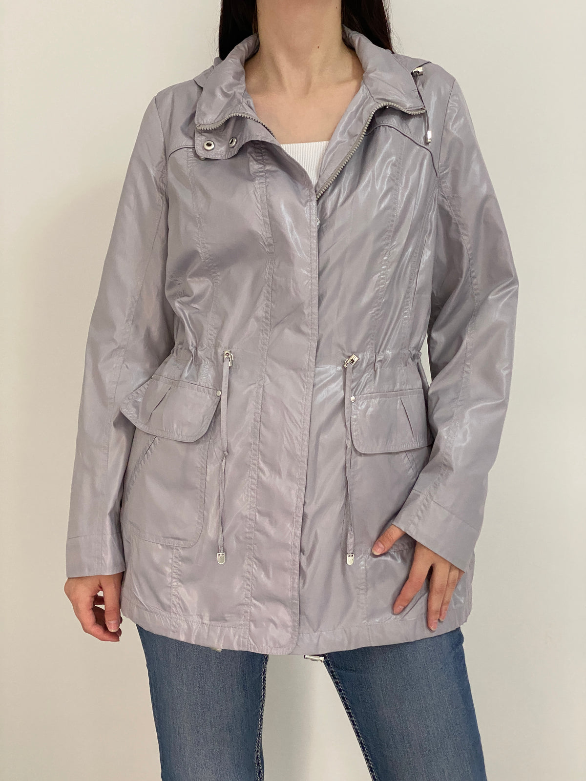 The Outerwear by C&A Metallic Silver Grey Hooded Utility Parka Jacket – L