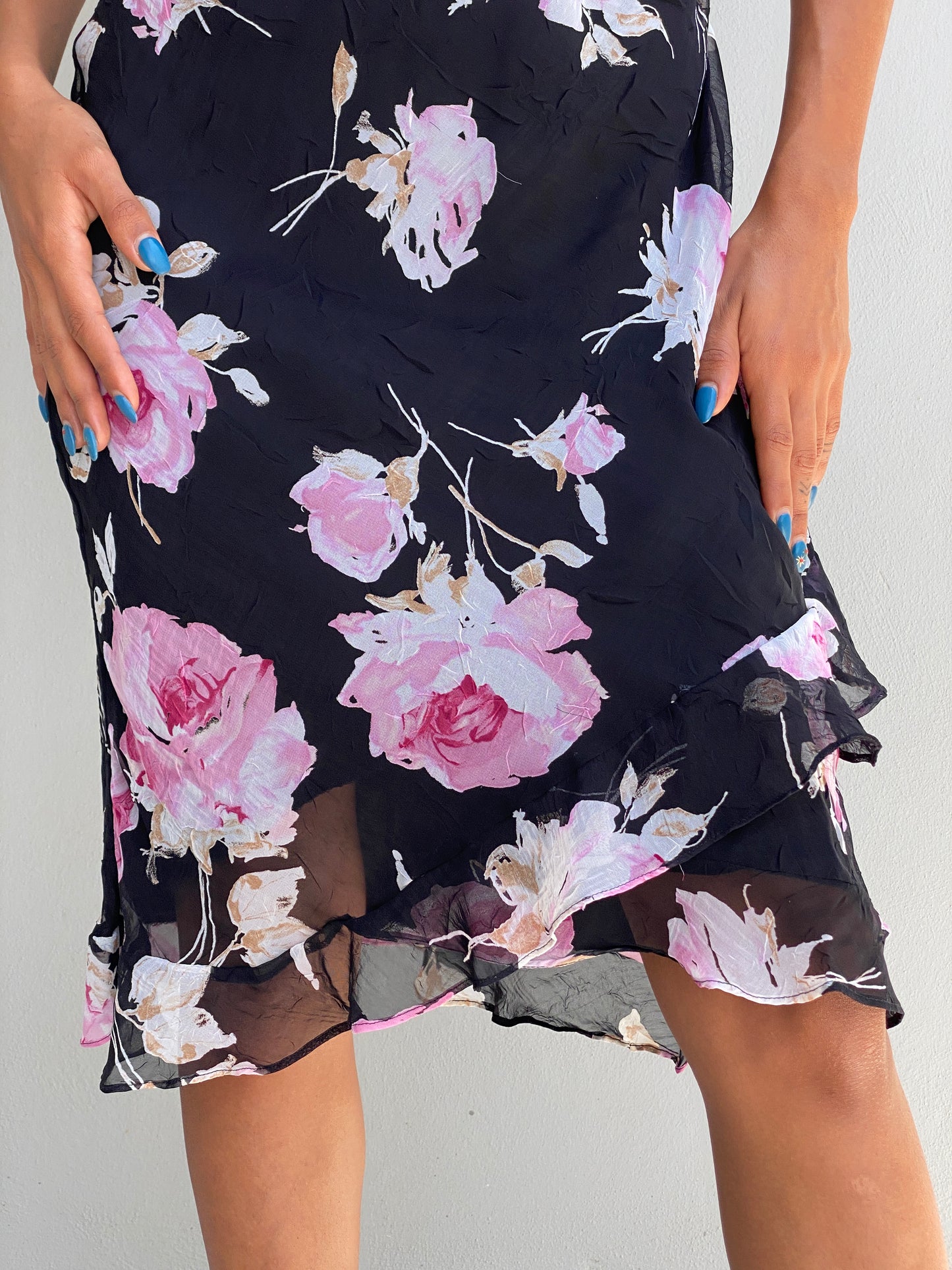 Vintage Alyn Paige Black Pink Floral Chiffon Sleeveless Midi Dress – S