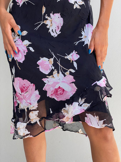 Vintage Alyn Paige Black Pink Floral Chiffon Sleeveless Midi Dress – S