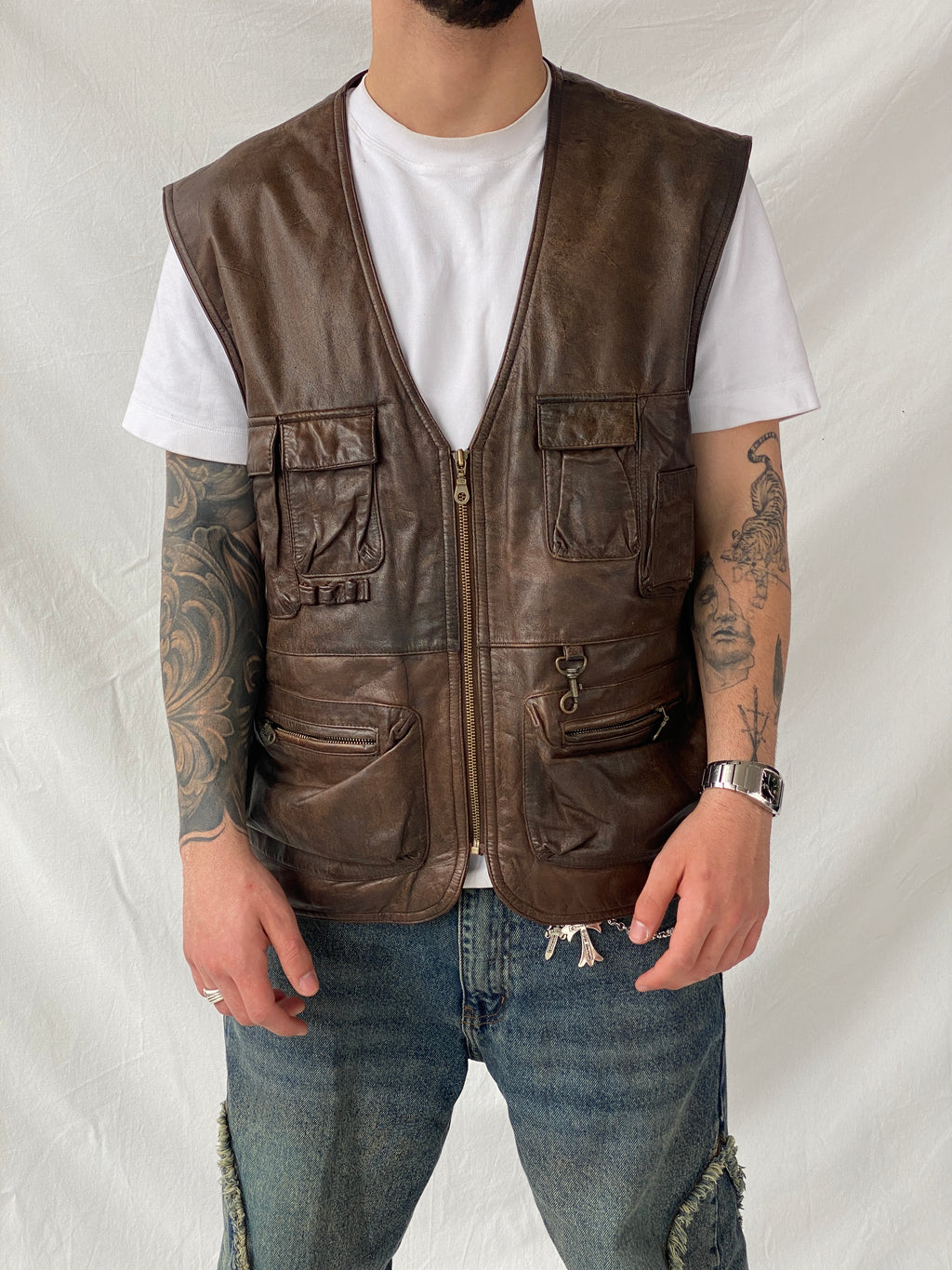 Vintage Men’s Safari Cargo Brown Genuine Leather Zip Up Vest - XL