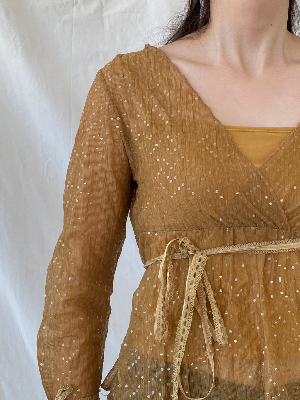 Vintage Y2K Jus D’ Orange Shimmer Fairy Sequin Sheer Bronze Top - M
