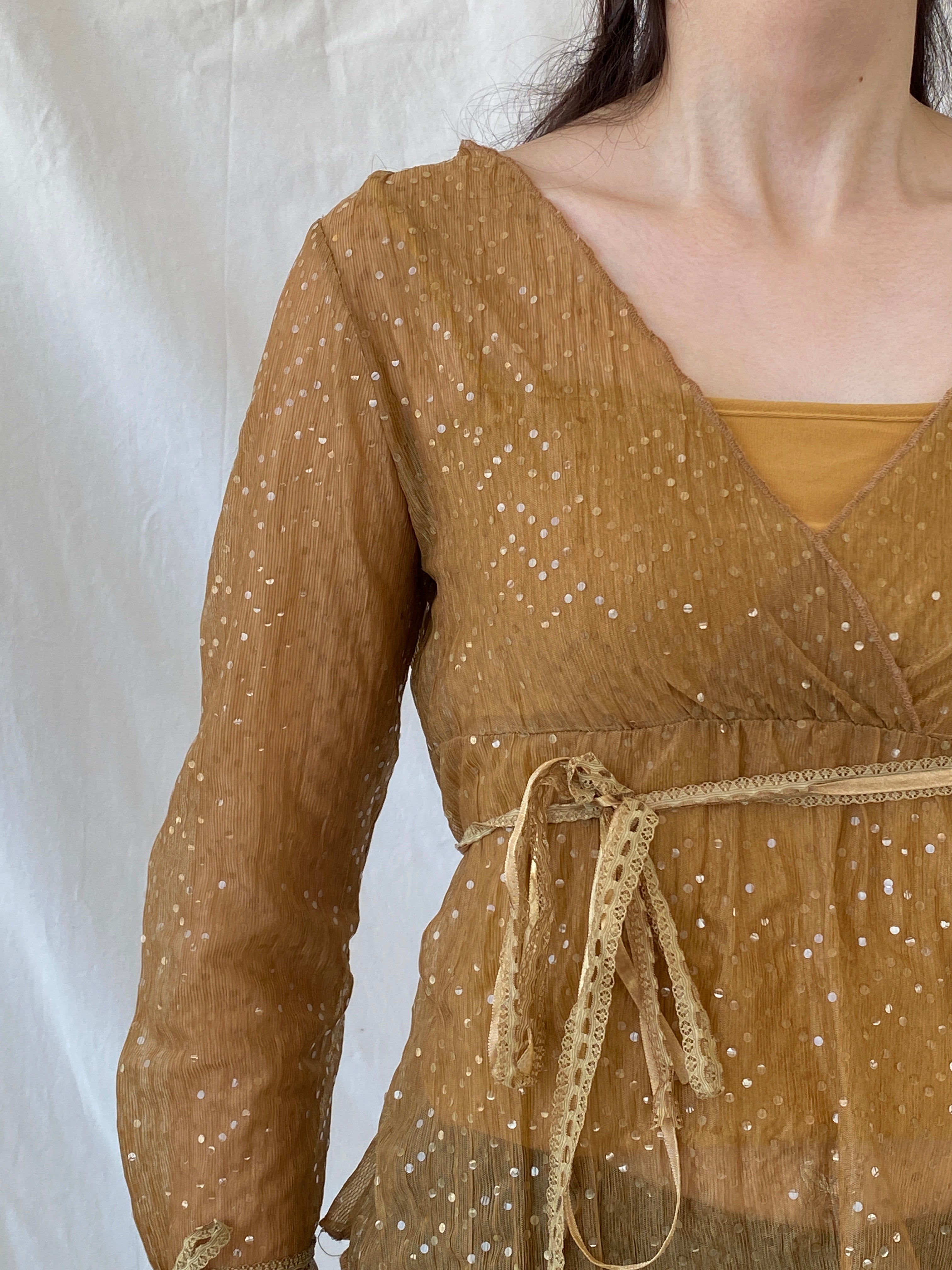 Vintage Y2K Jus D’ Orange Shimmer Fairy Sequin Sheer Bronze Top - M