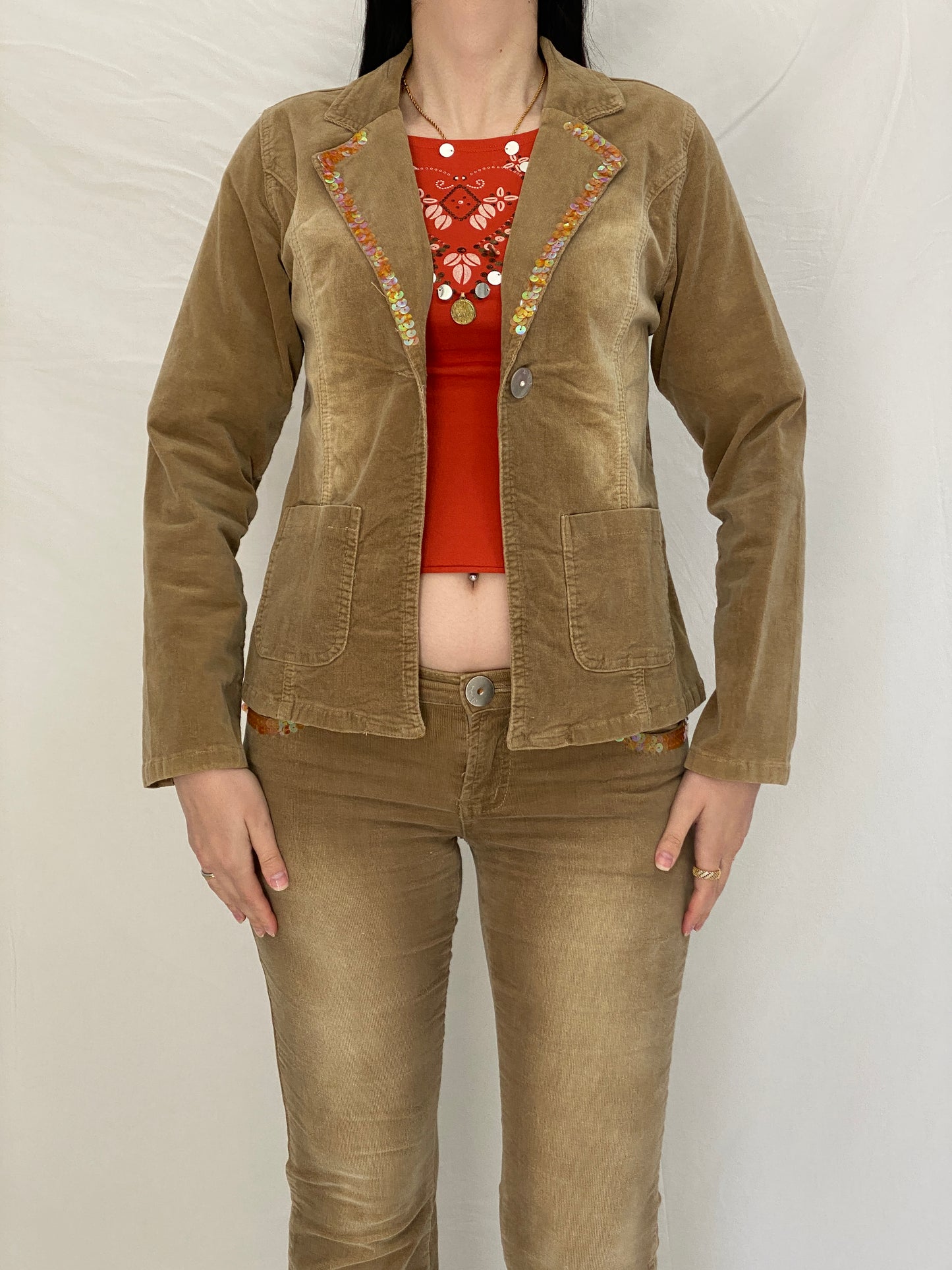 Y2K No Body Classic Fashion Brown Corduroy Jacket & Flared Pants Set with Sequin Trim - M
