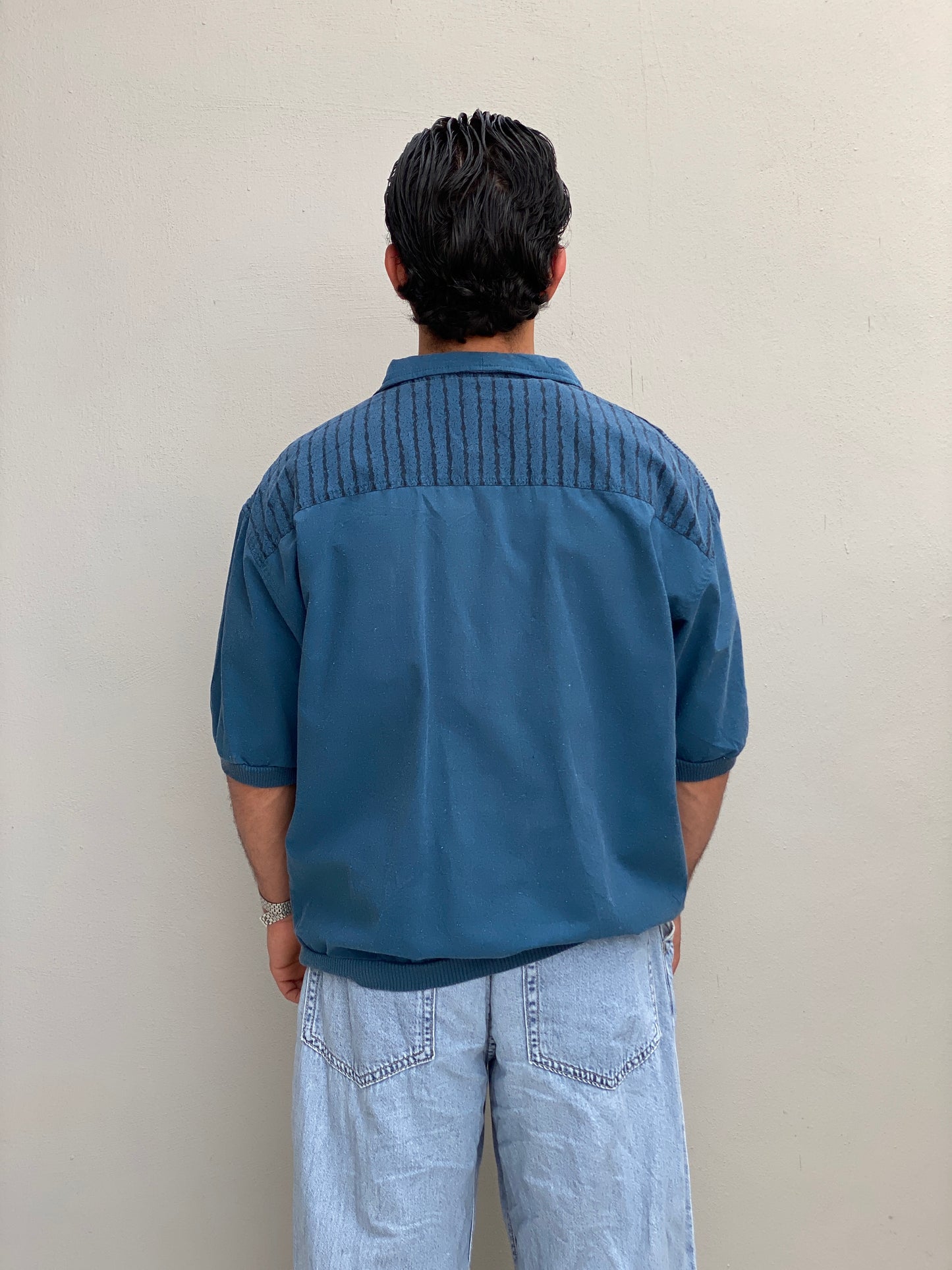 Vintage 90s Blue Men’s Quarter Zip Textured Cotton Blend Pullover Top – M